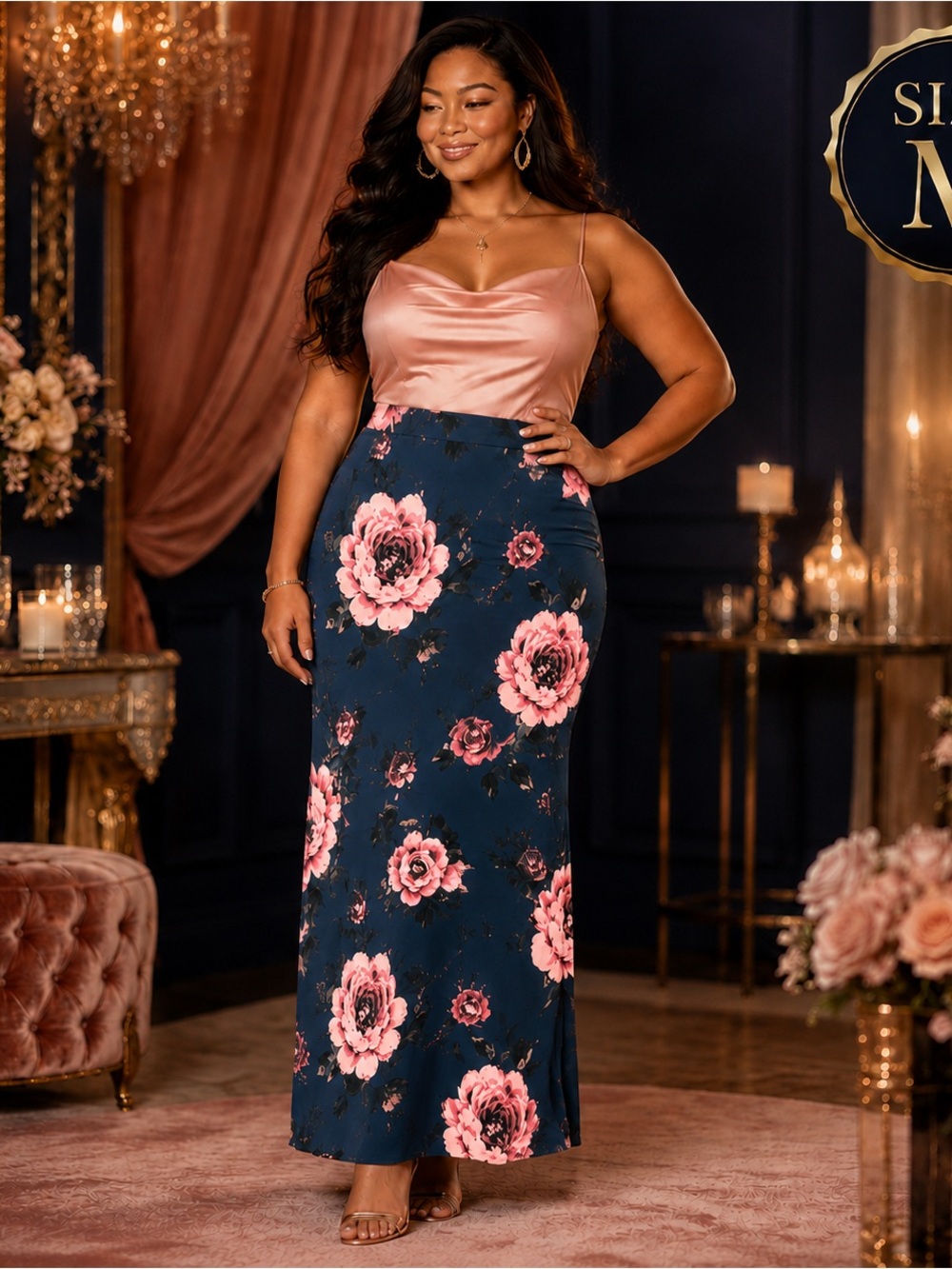 Charlotte Russe Navy Maxi Skirt with Pink Floral Design